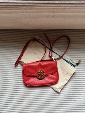 Tory Burch Red Pebbled Leather Crossbody with Gold Logo